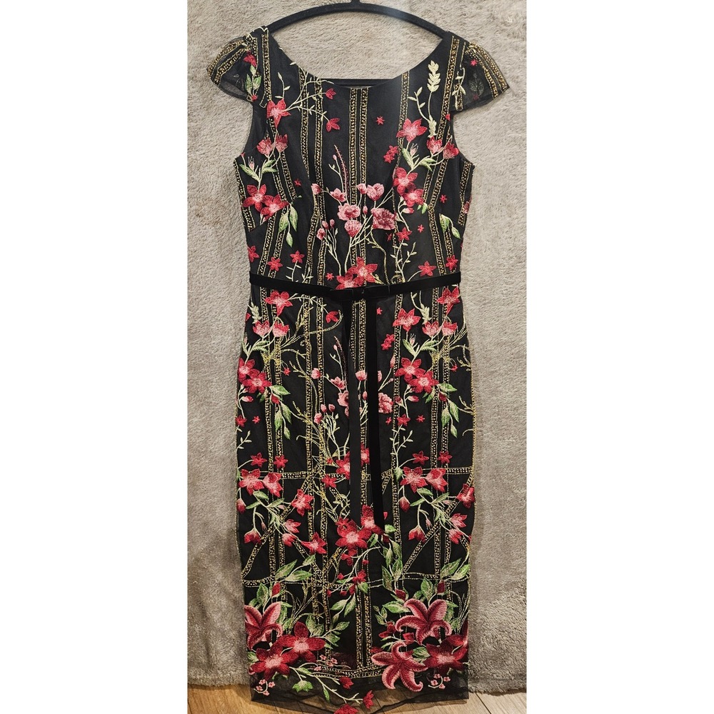 Marchesa Notte  Sz 6‎ Embroidered Mesh Midi Dress Cap Sleeve Belted Formal #467H